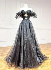 Black Organza Off the Shoulder Pleats Prom Dress